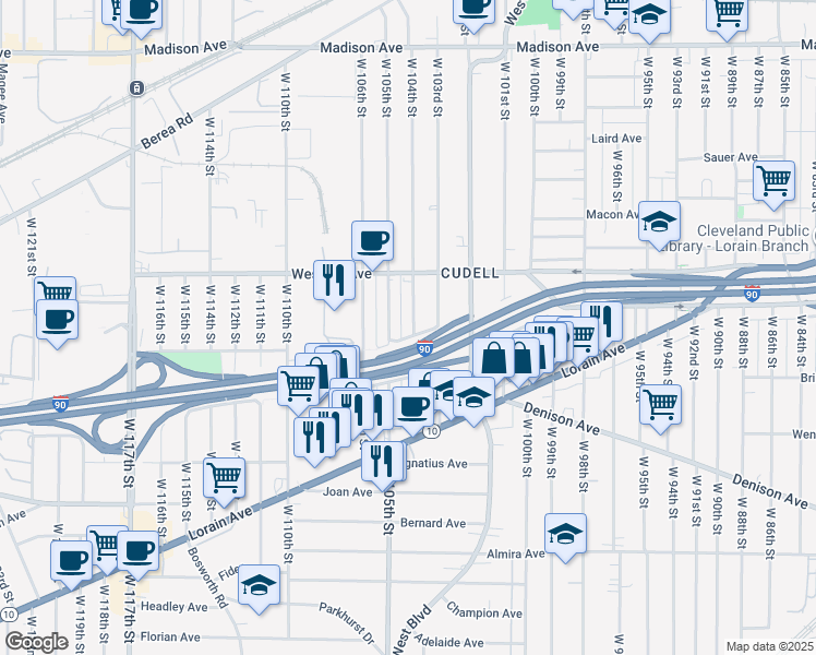 map of restaurants, bars, coffee shops, grocery stores, and more near 3069 West 104th Street in Cleveland
