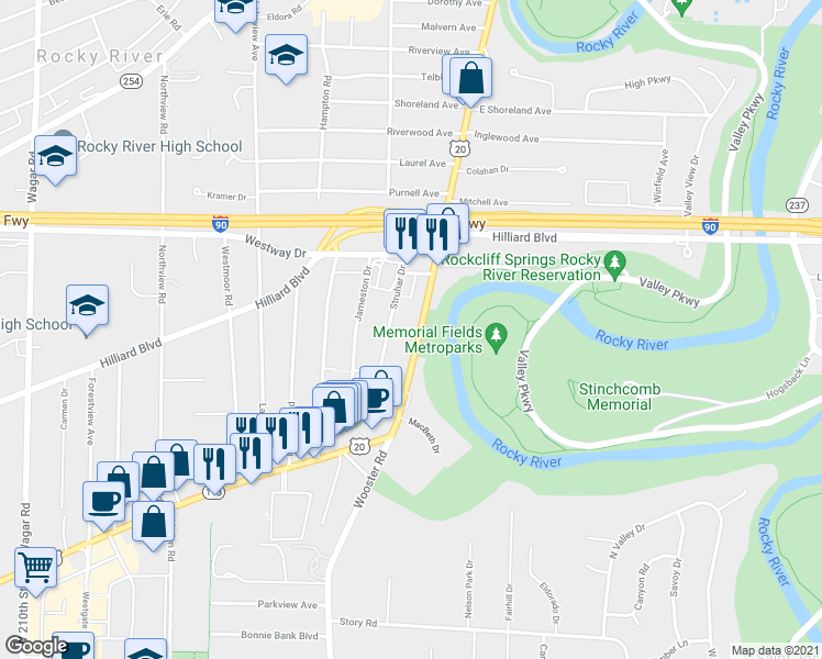 map of restaurants, bars, coffee shops, grocery stores, and more near 2705 Wooster Road in Rocky River