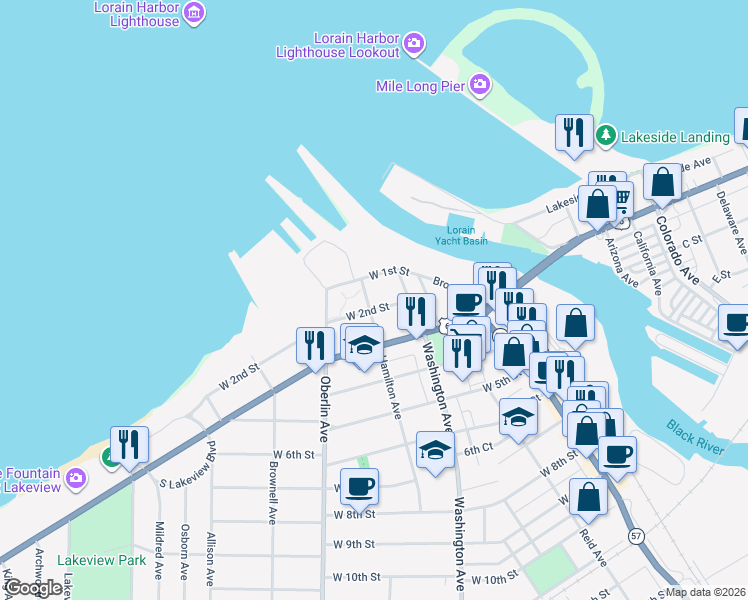 map of restaurants, bars, coffee shops, grocery stores, and more near 123 Hamilton Avenue in Lorain