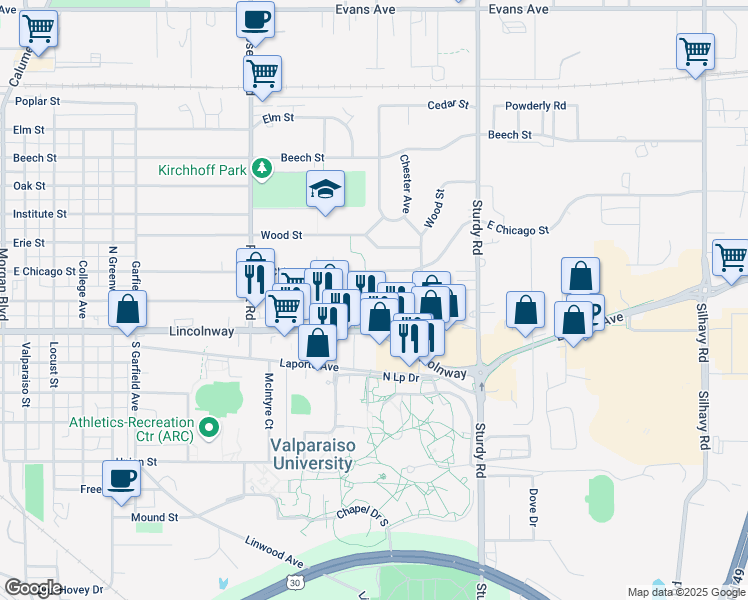 map of restaurants, bars, coffee shops, grocery stores, and more near 1605 Firestone Lane in Valparaiso