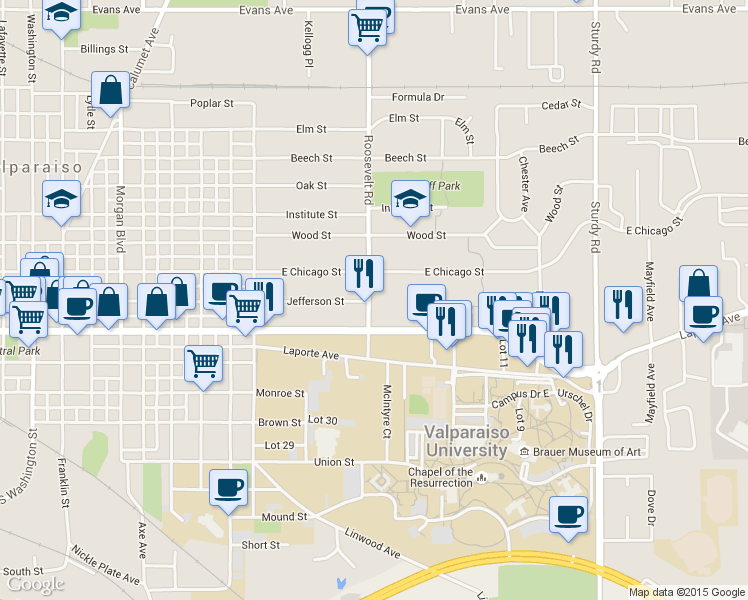 map of restaurants, bars, coffee shops, grocery stores, and more near 102 Roosevelt Rd in Valparaiso