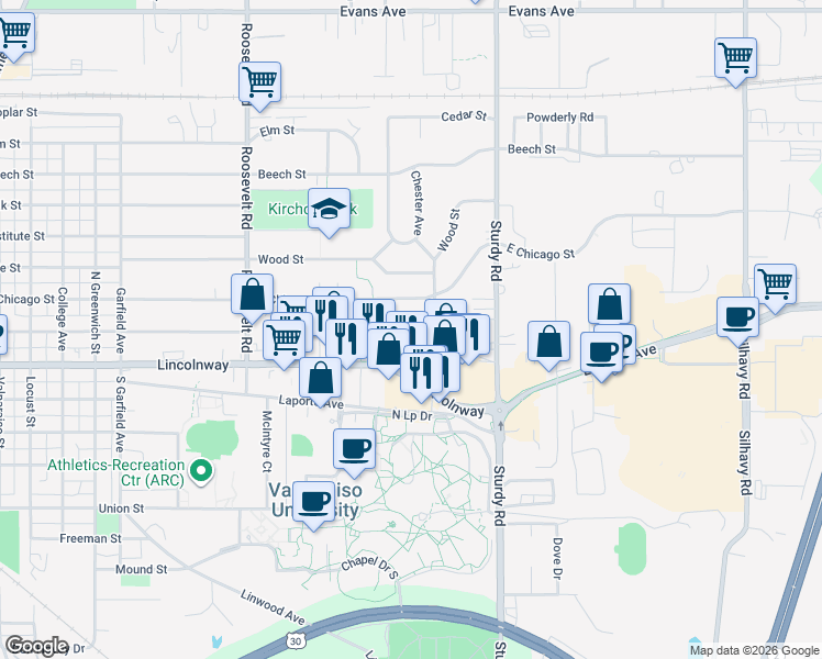 map of restaurants, bars, coffee shops, grocery stores, and more near Firestone Lane in Valparaiso