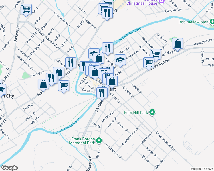 map of restaurants, bars, coffee shops, grocery stores, and more near in Olyphant