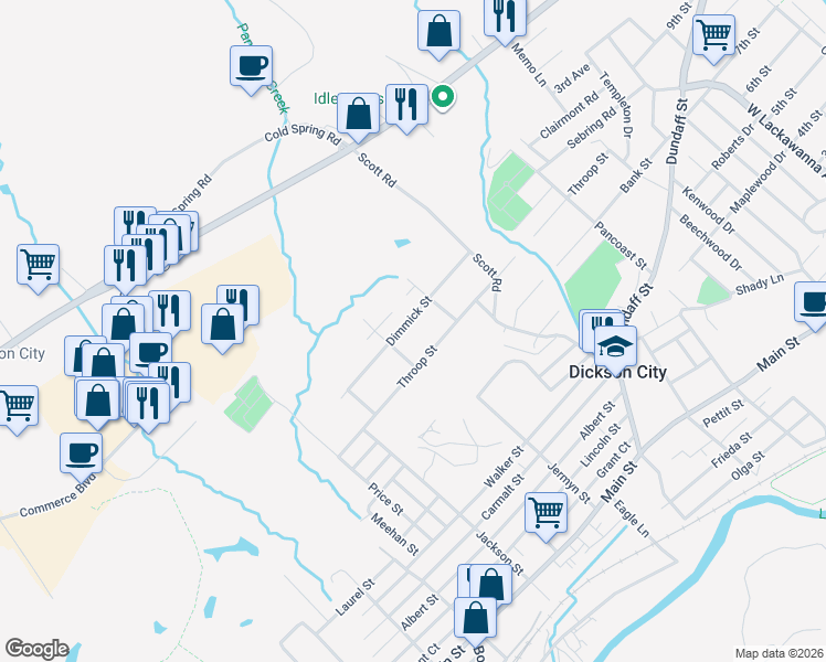 map of restaurants, bars, coffee shops, grocery stores, and more near 1060 Dimmick Street in Dickson City