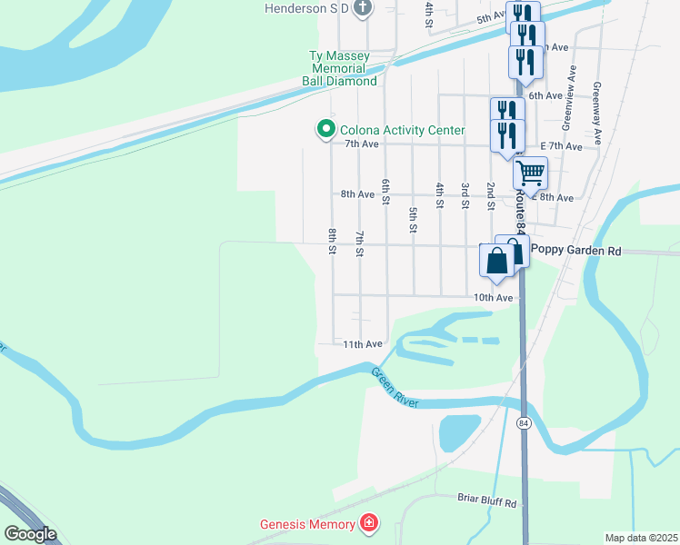 map of restaurants, bars, coffee shops, grocery stores, and more near 909 7th Street in Colona