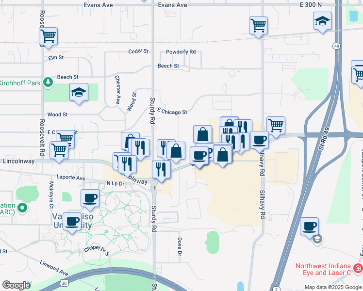 map of restaurants, bars, coffee shops, grocery stores, and more near 102 Mayfield Avenue in Valparaiso