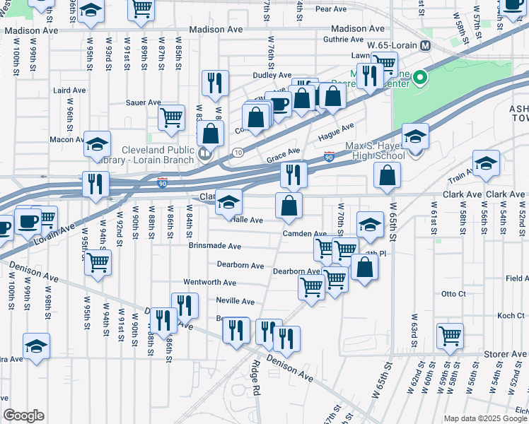 map of restaurants, bars, coffee shops, grocery stores, and more near 7506 Halle Avenue in Cleveland