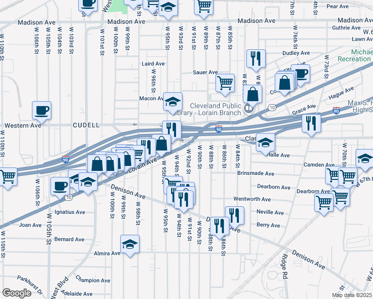 map of restaurants, bars, coffee shops, grocery stores, and more near 9217 Lorain Avenue in Cleveland