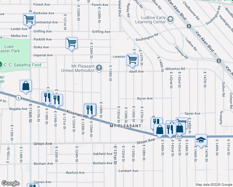 map of restaurants, bars, coffee shops, grocery stores, and more near 3306 East 132nd Street in Cleveland