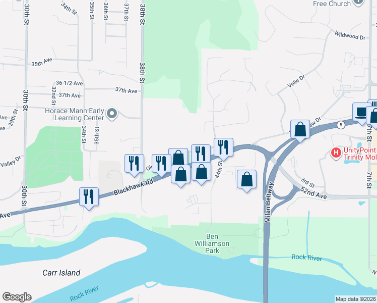 map of restaurants, bars, coffee shops, grocery stores, and more near 4141-4299 45th Avenue in Rock Island