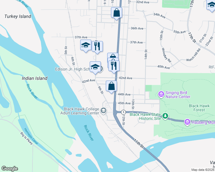 map of restaurants, bars, coffee shops, grocery stores, and more near 932 43rd Avenue in Rock Island