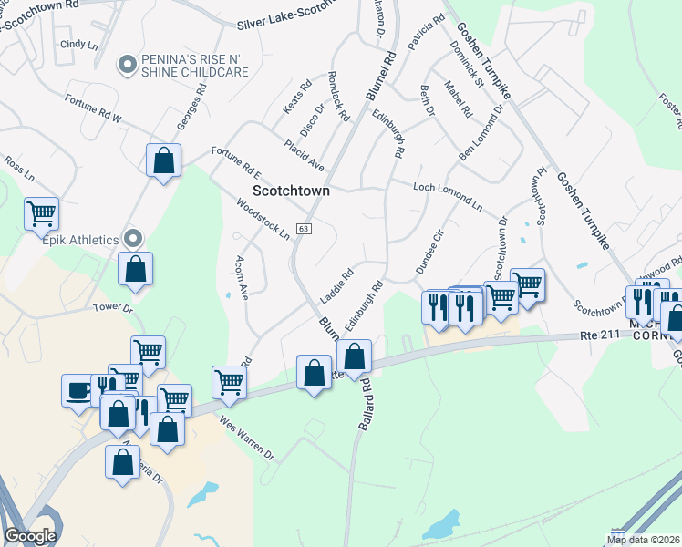 map of restaurants, bars, coffee shops, grocery stores, and more near 11 Laddie Road in Middletown