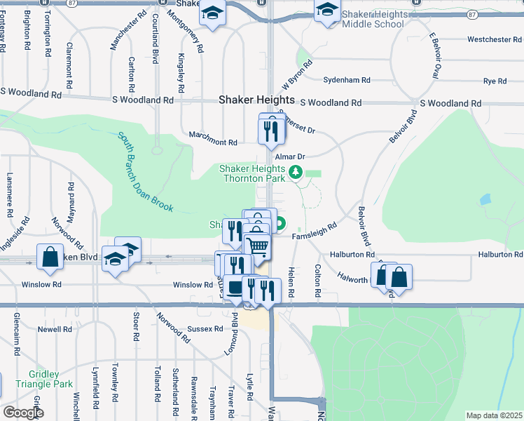 map of restaurants, bars, coffee shops, grocery stores, and more near 3330 Warrensville Center Road in Shaker Heights