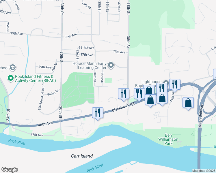map of restaurants, bars, coffee shops, grocery stores, and more near 41st Avenue in Rock Island
