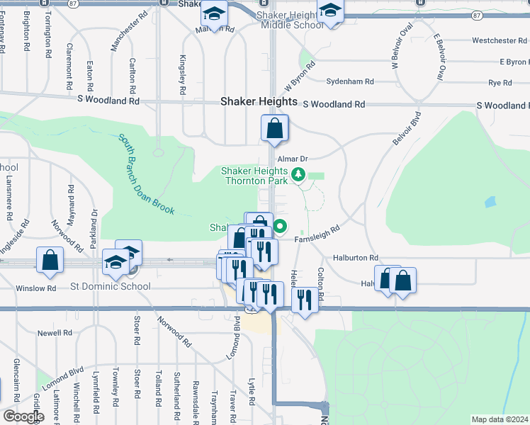 map of restaurants, bars, coffee shops, grocery stores, and more near 3330 Warrensville Center Road in Shaker Heights