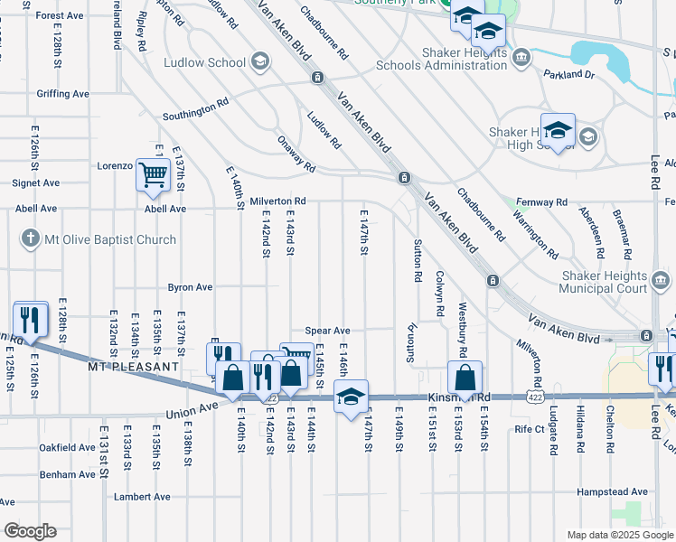 map of restaurants, bars, coffee shops, grocery stores, and more near 3329 East 145th Street in Cleveland