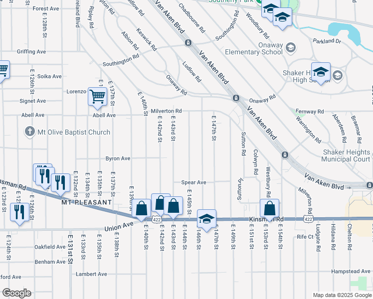 map of restaurants, bars, coffee shops, grocery stores, and more near 3329 East 145th Street in Cleveland