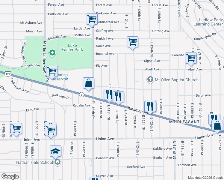 map of restaurants, bars, coffee shops, grocery stores, and more near 3299 East 118th Street in Cleveland