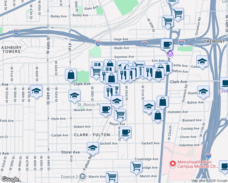 map of restaurants, bars, coffee shops, grocery stores, and more near 3125 West 34th Place in Cleveland