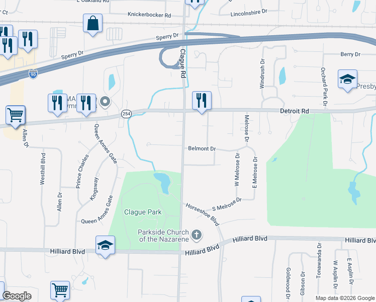 map of restaurants, bars, coffee shops, grocery stores, and more near 1225 Clague Road in Westlake