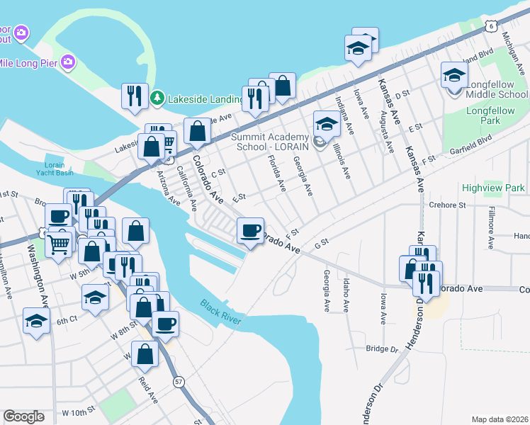 map of restaurants, bars, coffee shops, grocery stores, and more near 414 Delaware Avenue in Lorain