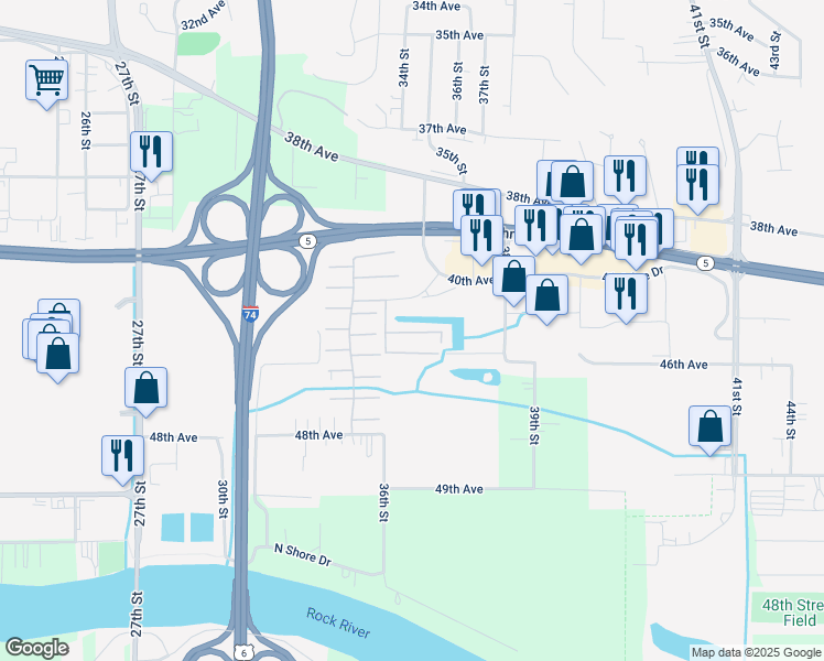 map of restaurants, bars, coffee shops, grocery stores, and more near 3618 40th Avenue Court in Moline