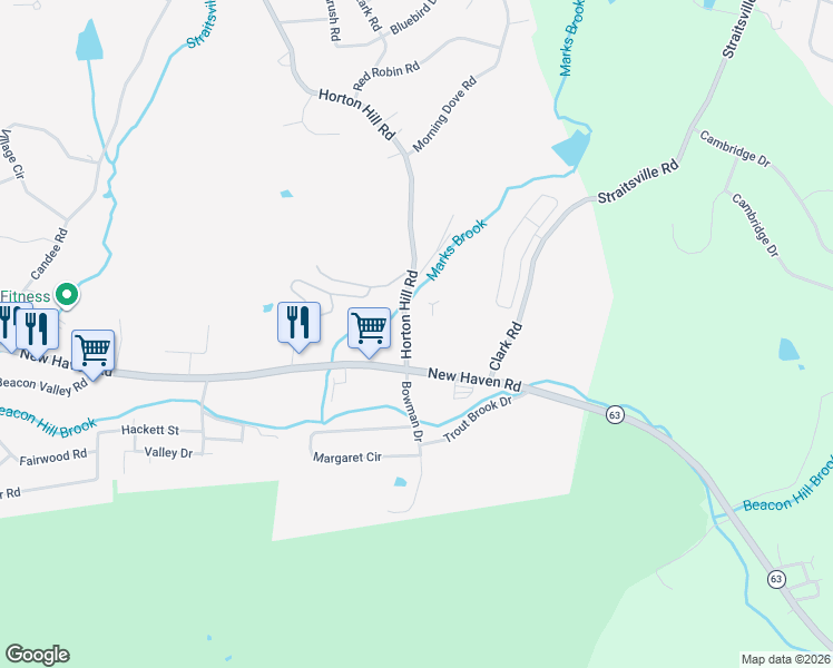 map of restaurants, bars, coffee shops, grocery stores, and more near 1-99 Horton Hill Road in Naugatuck