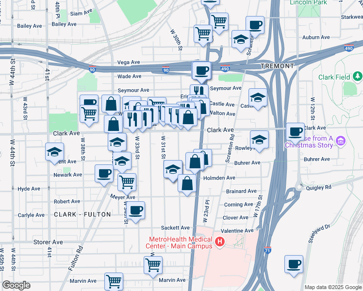 map of restaurants, bars, coffee shops, grocery stores, and more near 3130 West 30th Street in Cleveland