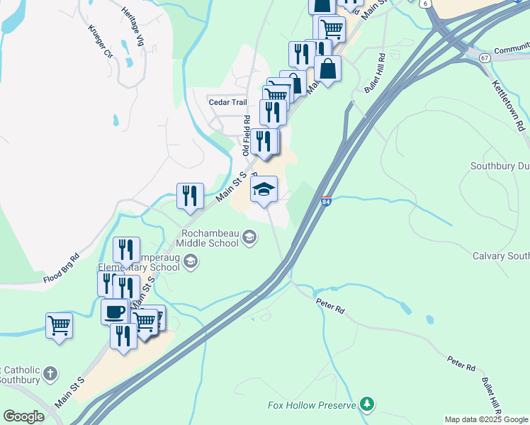 map of restaurants, bars, coffee shops, grocery stores, and more near 100 Peter Road in Southbury