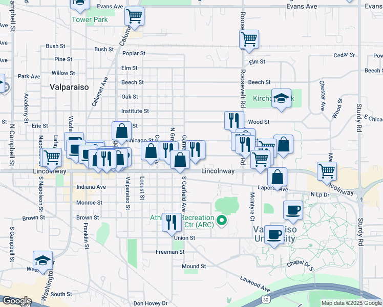 map of restaurants, bars, coffee shops, grocery stores, and more near 805A East Jefferson Street in Valparaiso