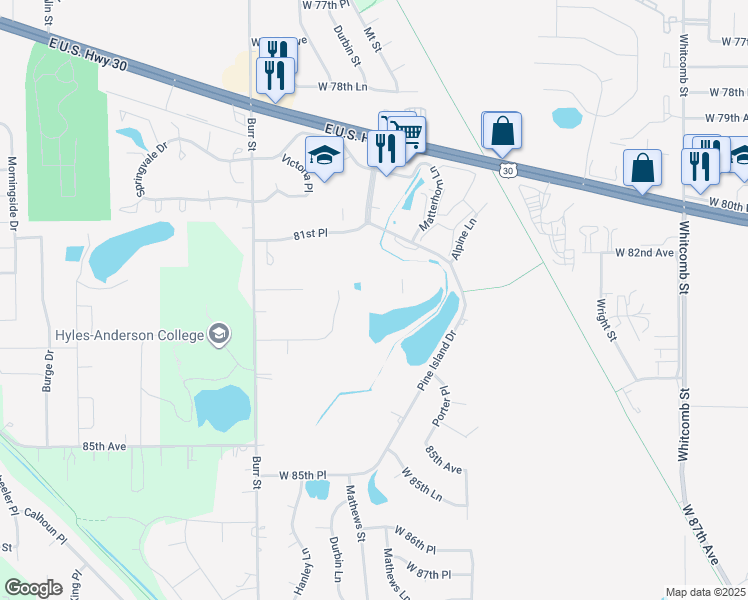 map of restaurants, bars, coffee shops, grocery stores, and more near 5153 West 82nd Court in Crown Point
