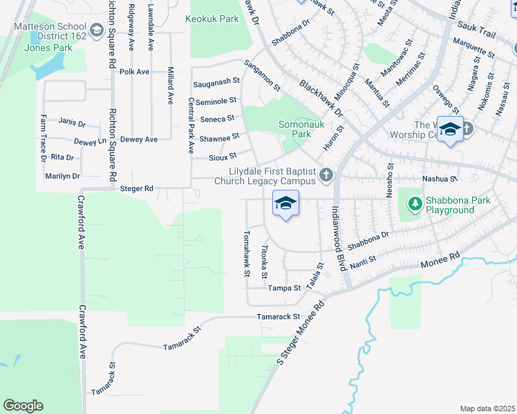 map of restaurants, bars, coffee shops, grocery stores, and more near 474 Shabbona Dr in Park Forest