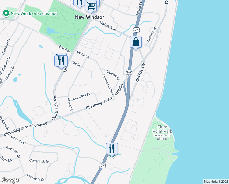 map of restaurants, bars, coffee shops, grocery stores, and more near 2 Barclay Road in New Windsor