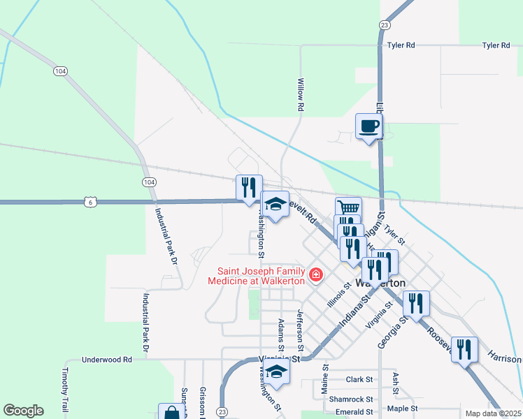 map of restaurants, bars, coffee shops, grocery stores, and more near 407 Washington Street in Walkerton
