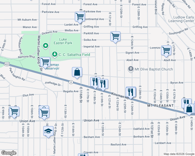 map of restaurants, bars, coffee shops, grocery stores, and more near 3299 East 118th Street in Cleveland