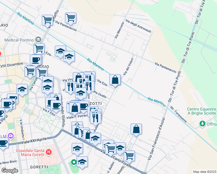 map of restaurants, bars, coffee shops, grocery stores, and more near 5-19 Via Ezio in Latina