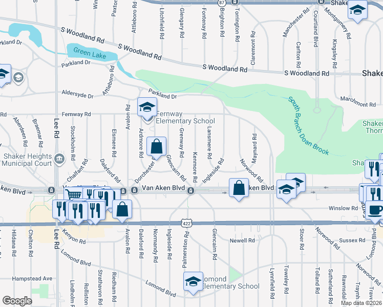 map of restaurants, bars, coffee shops, grocery stores, and more near 3336 Kenmore Road in Shaker Heights