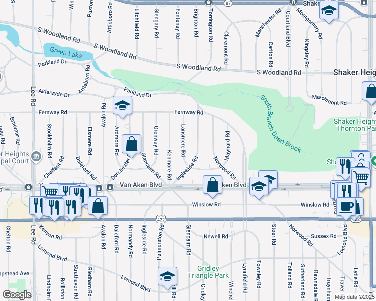 map of restaurants, bars, coffee shops, grocery stores, and more near 3335 Lansmere Road in Shaker Heights