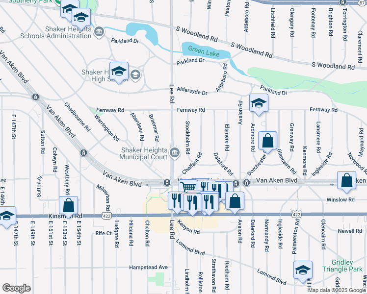 map of restaurants, bars, coffee shops, grocery stores, and more near 3336 Stockholm Road in Shaker Heights