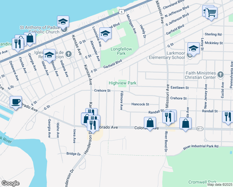map of restaurants, bars, coffee shops, grocery stores, and more near 1507 Maryland Ave in Lorain