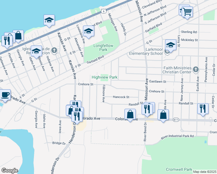 map of restaurants, bars, coffee shops, grocery stores, and more near 1840 Crehore Street in Lorain