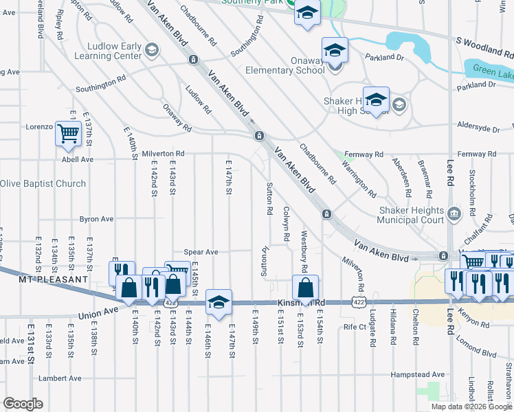 map of restaurants, bars, coffee shops, grocery stores, and more near 3332 East 149th Street in Cleveland