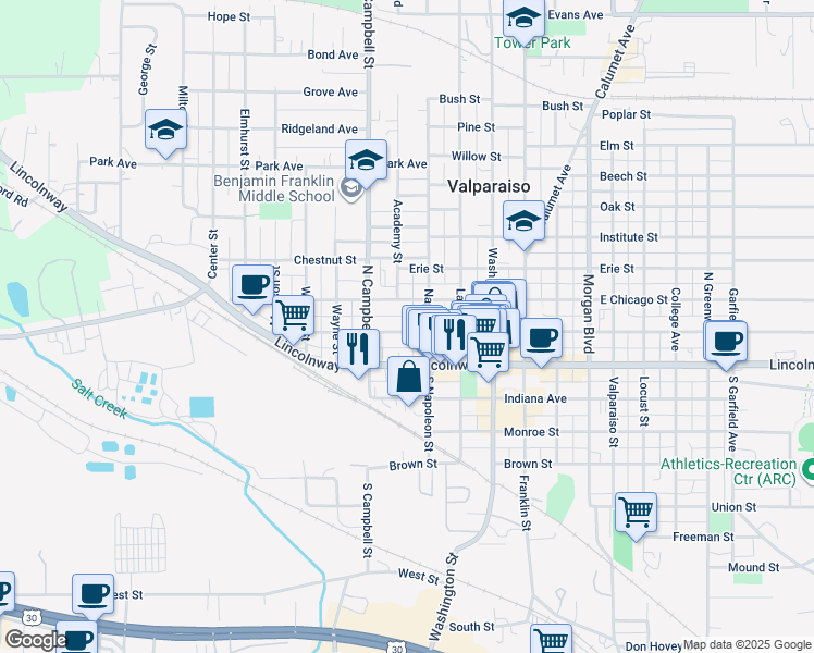 map of restaurants, bars, coffee shops, grocery stores, and more near 262 Jefferson Street in Valparaiso