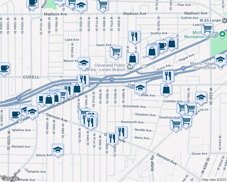 map of restaurants, bars, coffee shops, grocery stores, and more near 3114 West 86th Street in Cleveland