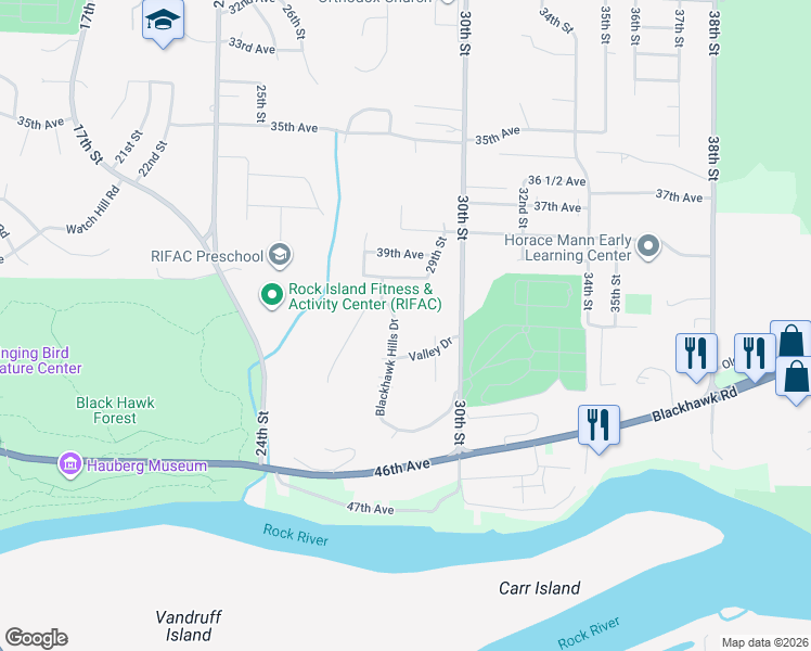 map of restaurants, bars, coffee shops, grocery stores, and more near 15 Blackhawk Hills Dr in Rock Island
