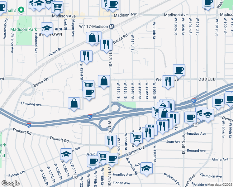 map of restaurants, bars, coffee shops, grocery stores, and more near 3066 West 116th Street in Cleveland