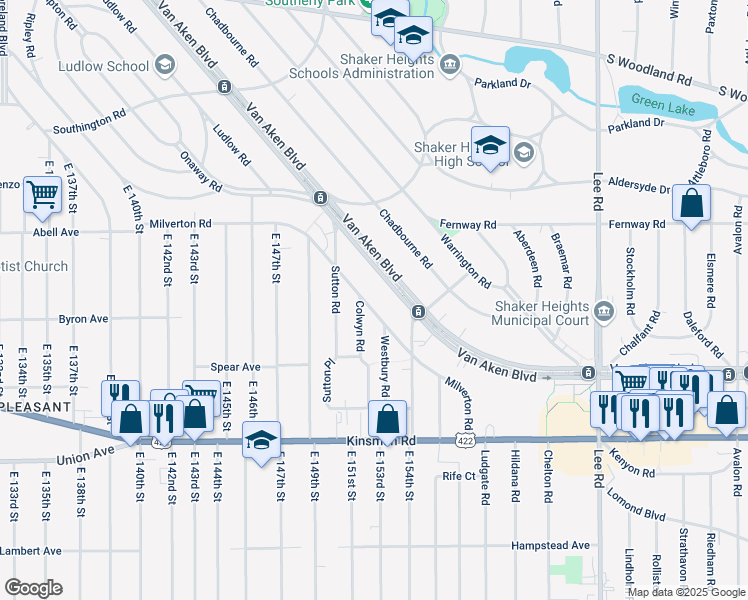 map of restaurants, bars, coffee shops, grocery stores, and more near 3339 Milverton Road in Shaker Heights