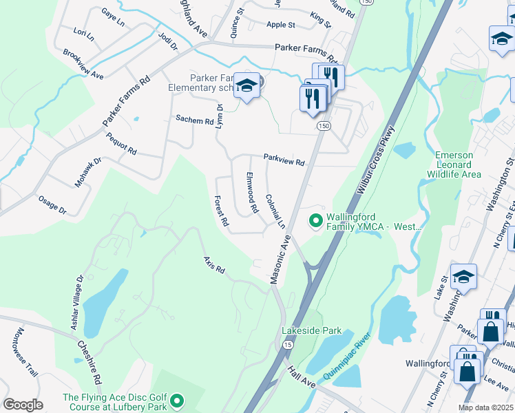 map of restaurants, bars, coffee shops, grocery stores, and more near 9 Elmwood Road in Wallingford