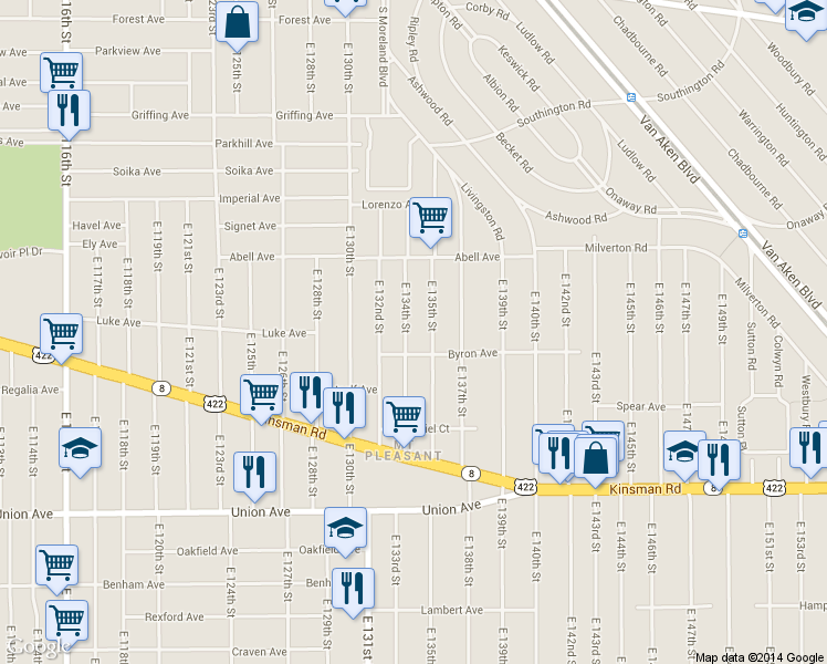 map of restaurants, bars, coffee shops, grocery stores, and more near 3307 East 134th Street in Cleveland