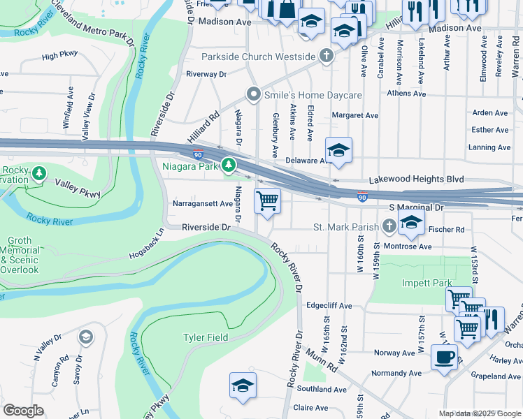 map of restaurants, bars, coffee shops, grocery stores, and more near 2309 McKinley Avenue in Lakewood
